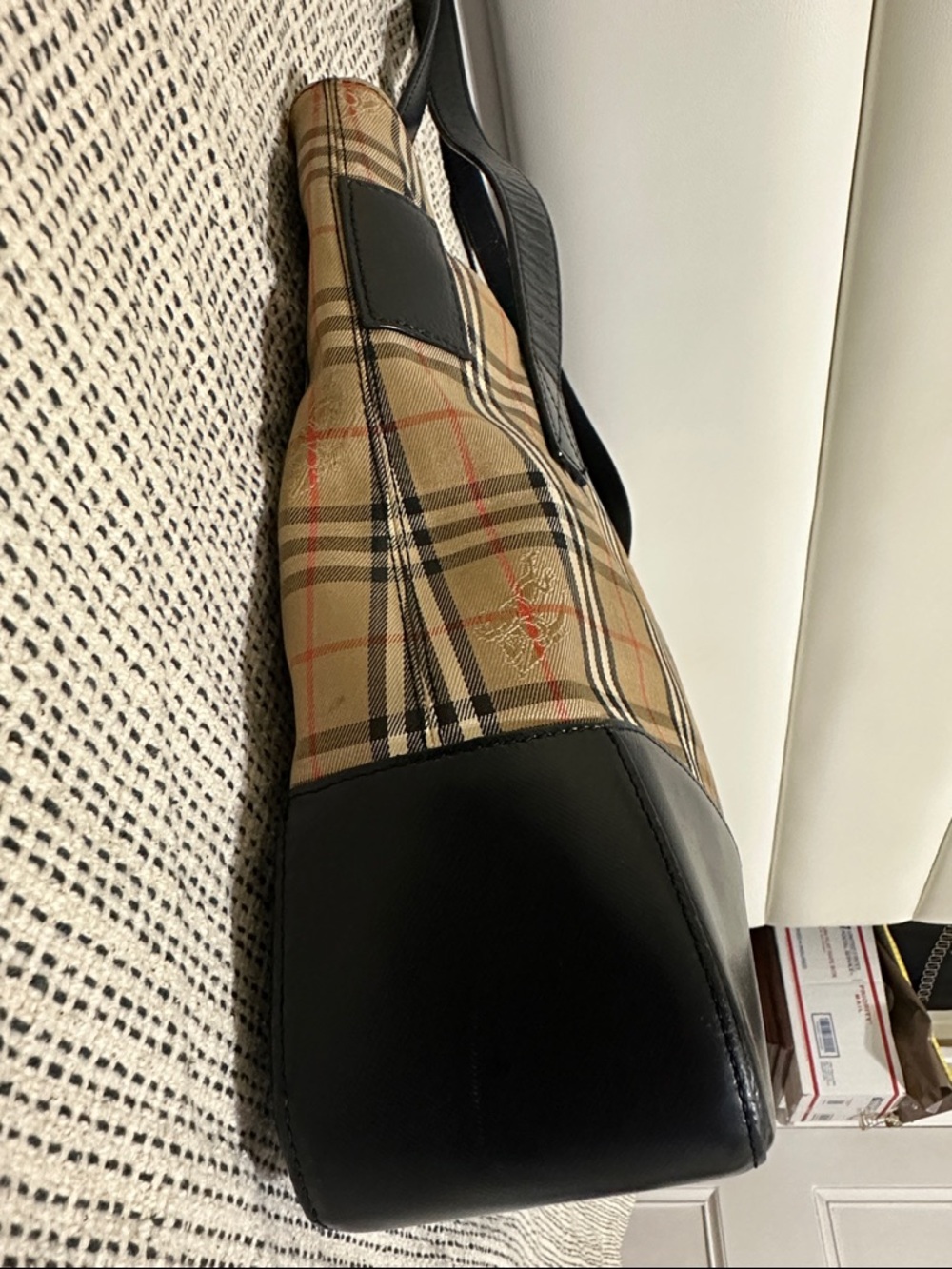 Burberry Classic Check Canvas Tote Bag with Black Leather Trim - Picture 3 of 15